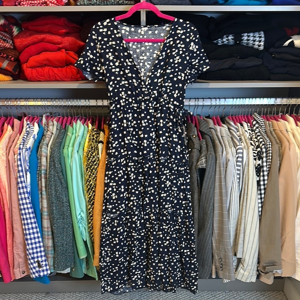 Unbranded navy/beige/white floral short sleeve side cinch ties midi dress size S
